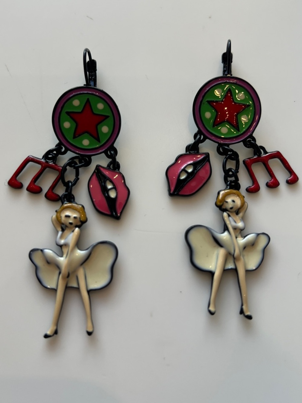 Whimsical Rock and Roll Drop Earrings with Green and Red Accents- Marilyn Monroe